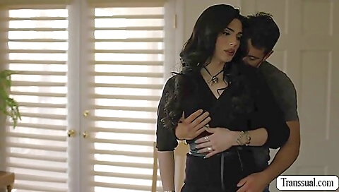 Horny brunette trans gets her tight asshole fucked by her man